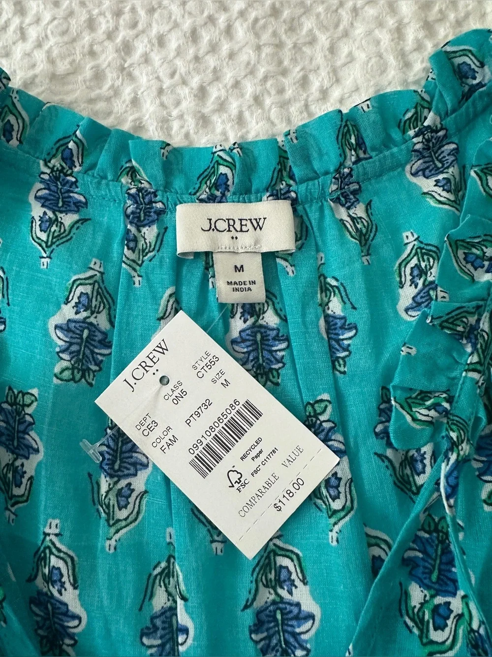 NWT J. Crew women’s Teal Patterned Tiered Summer Dress with tassels